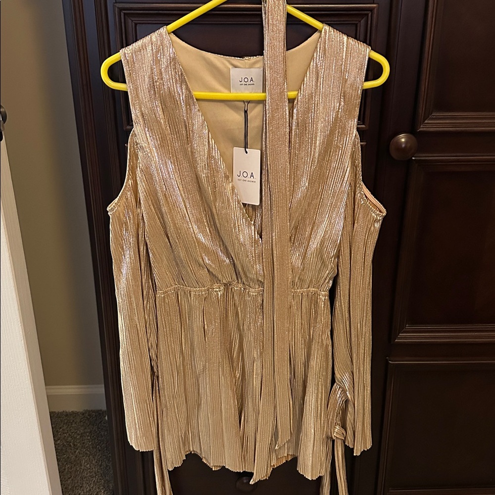 JOA Metallic Gold Cold Shoulder Dress Romper